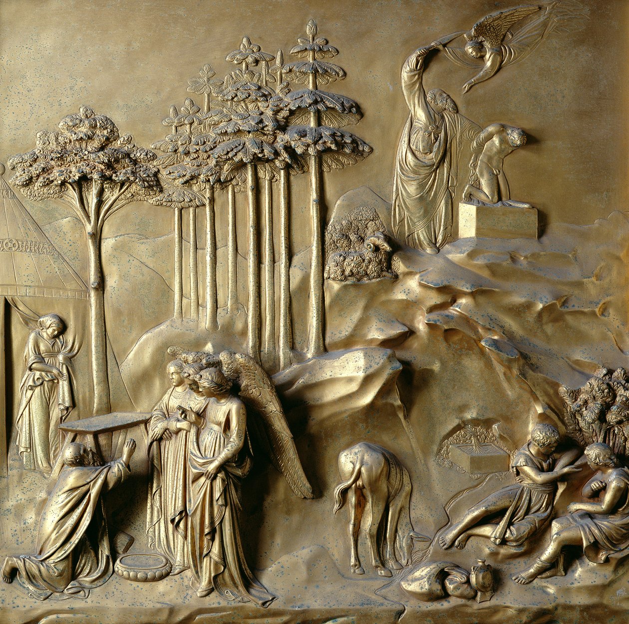 A História de Isaac: Os Anjos Profetizam o Nascimento de Isaque e o Anjo ficando Espada de Abraão, um dos dez painéis de socorro dos Portões do Paraíso (portas do oriente), 1425-52 (bronze dourado) (ver também 87652-54). de Lorenzo Ghiberti