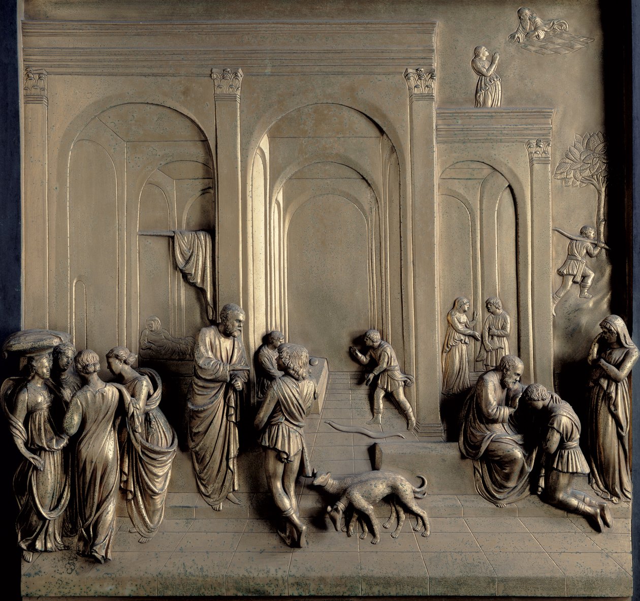 A história de Jacó e Esaú: Profecia de Deus para Rebeca, o nascimento de Jacó e Jacó e Esaú: Esaú, Esaú vende sua primogenitura e bênção de Isaque Jacó, um dos dez painéis de socorro das portas do Para de Lorenzo Ghiberti
