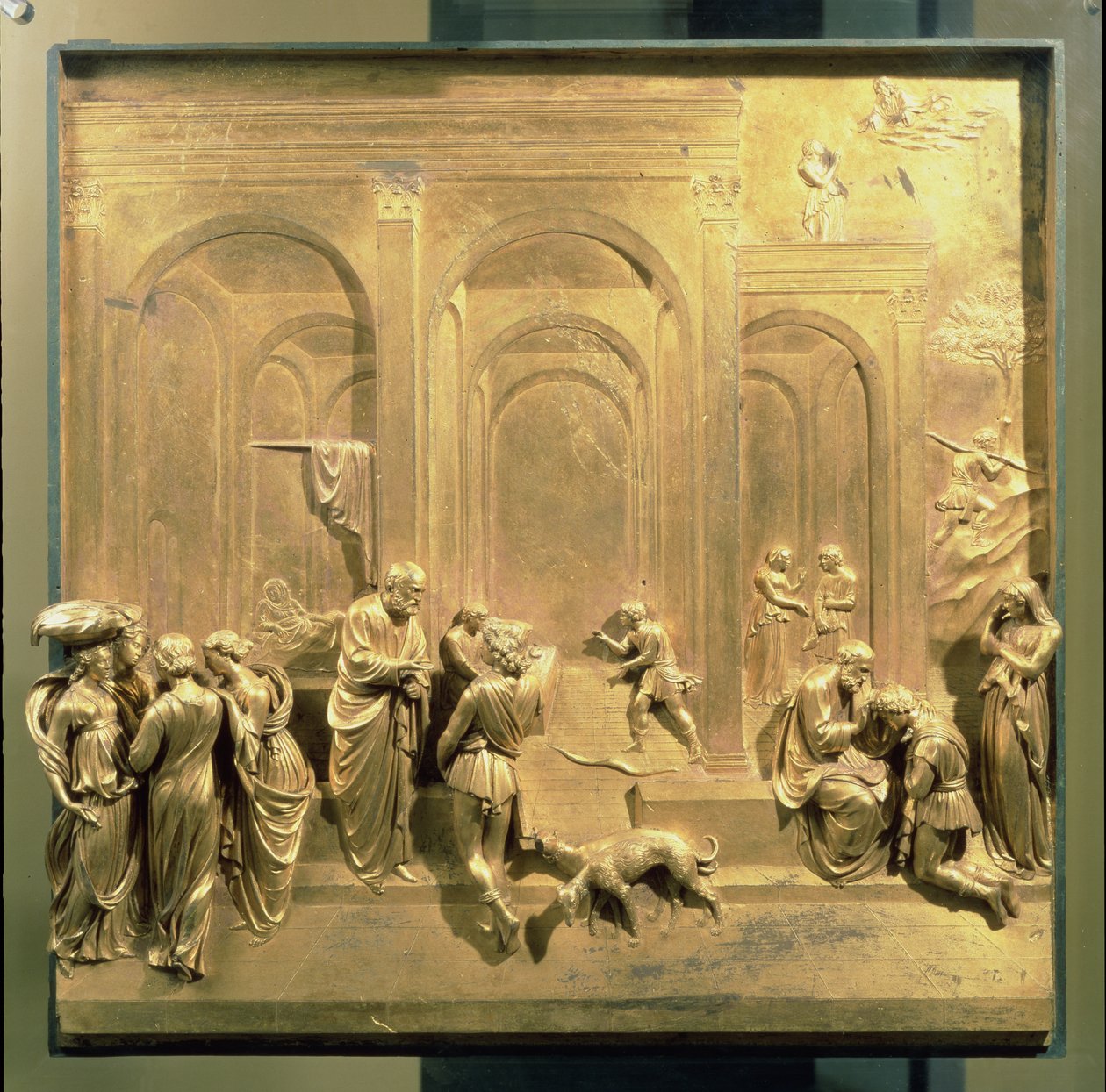A História de Jacó e Esaú, painel original das Portas do Leste do Batistério, 1425-52 (bronze dourado) (pós-restauração) de Lorenzo Ghiberti