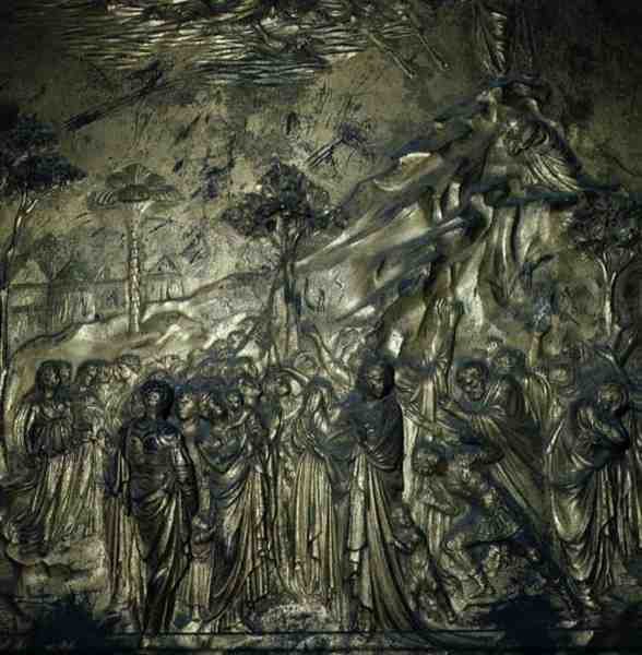 A História de Moisés no Monte Sinai, detalhe das Portas do Paraíso, 1425-52 (bronze) de Lorenzo Ghiberti