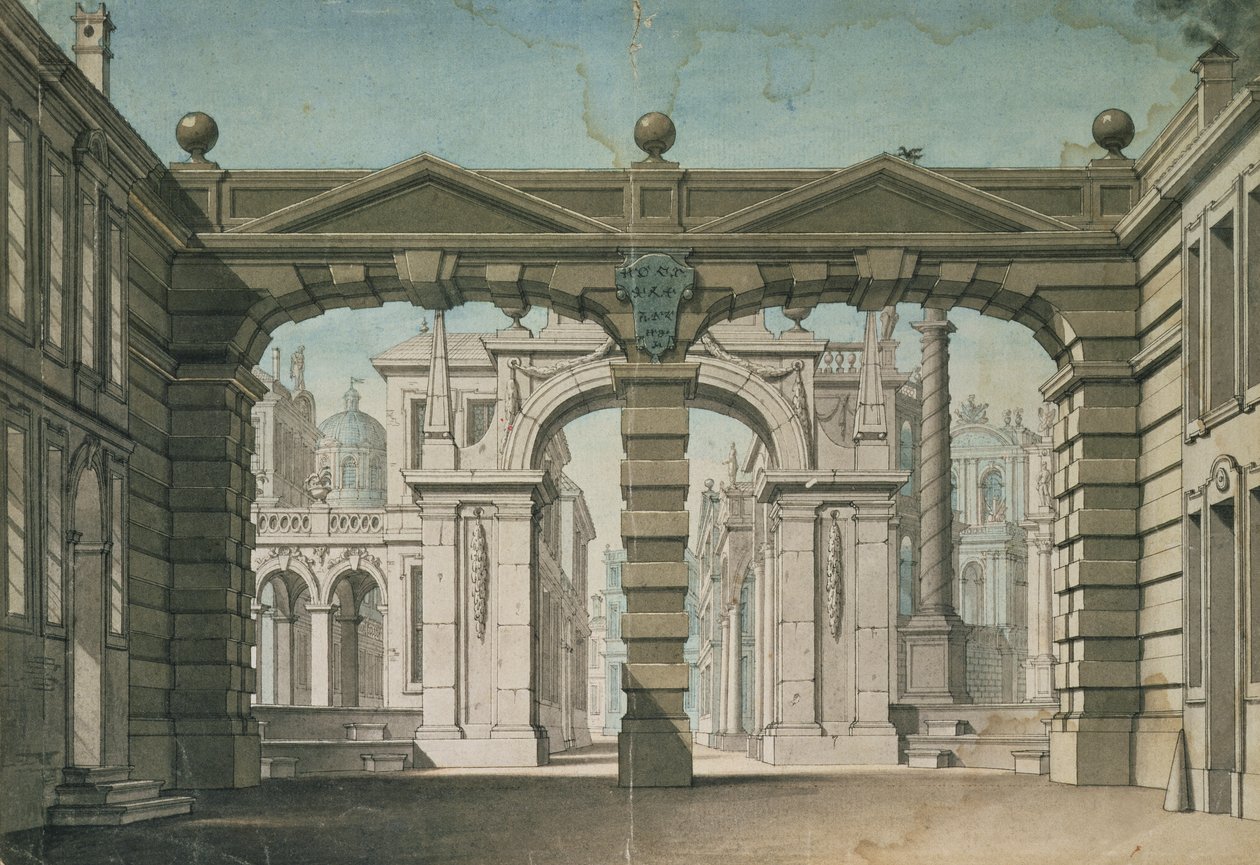 Cenário para a performance de estréia mundial de &39;Idomeneo&39;, de Wolfgang Amadeus Mozart em Munique, 1781 (caneta e lavagem) de Lorenzo I Quaglio