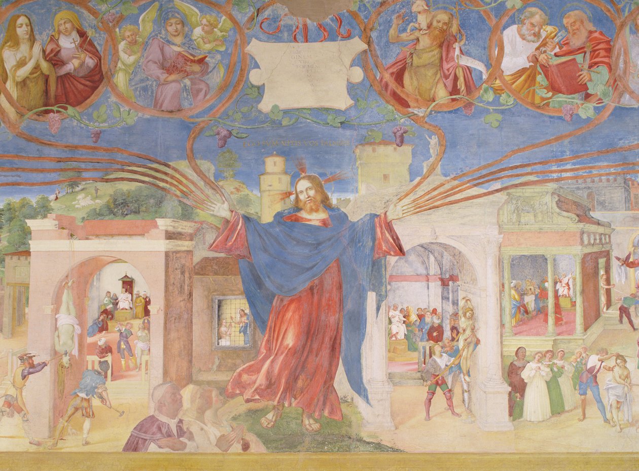 Detalhe de &39;Christ-Vine e a lenda de Santa Bárbara&39;, 1524 de Lorenzo Lotto