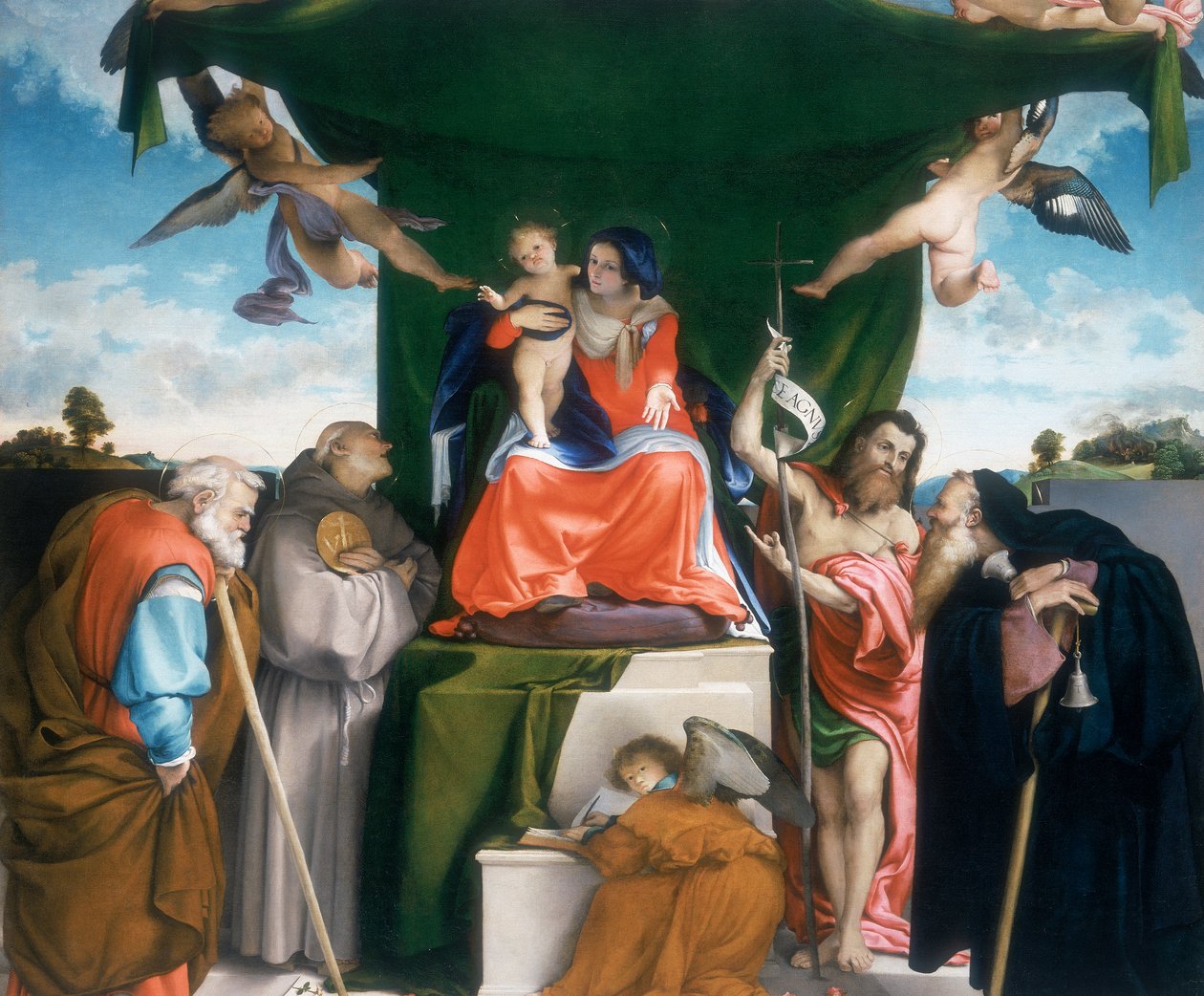 Madonna e Criança entronadas com anjos e santos de Lorenzo Lotto
