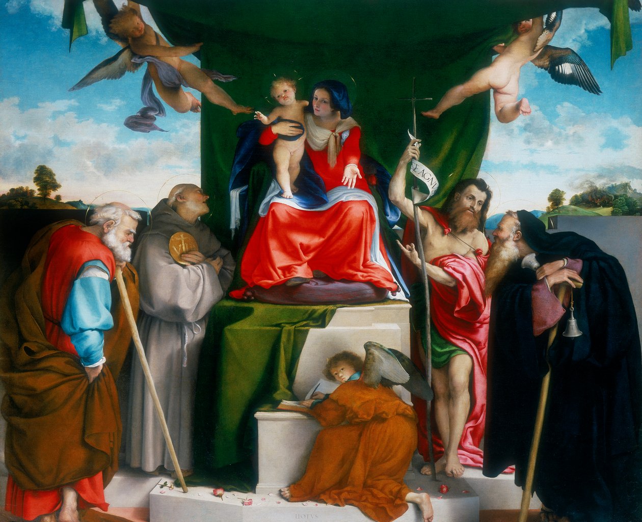 Madonna e Criança entronizados com anjos e santos, 1521 de Lorenzo Lotto