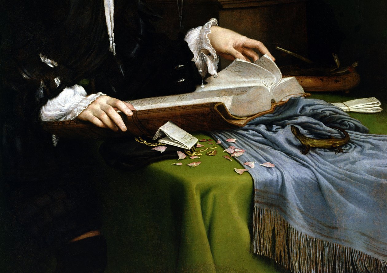 Retrato de um cavalheiro em seu estudo, 1528-30 (detalhe) (pós restauração) de Lorenzo Lotto