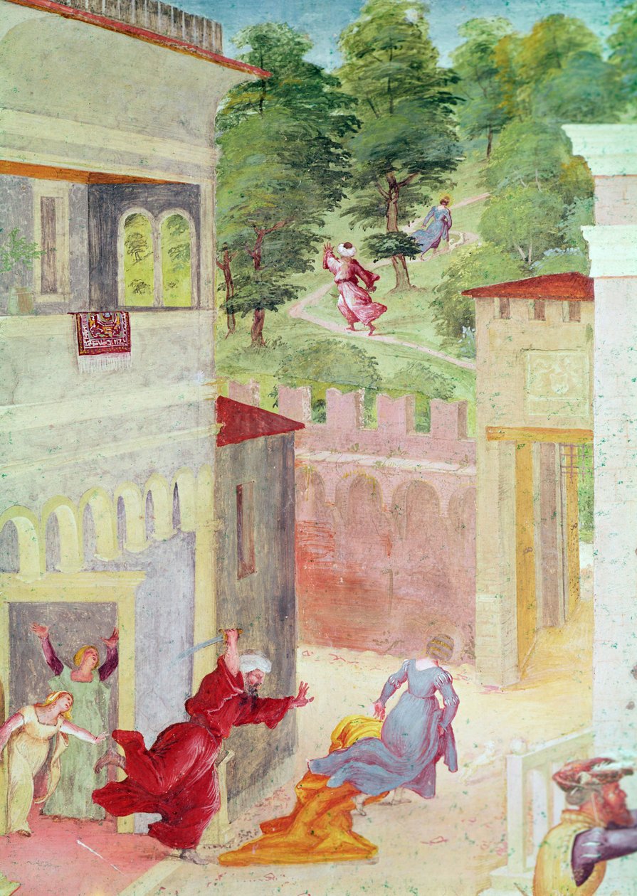 Cenas da Vida de Santa Bárbara, detalhe de Santa Bárbara ameaçada pelo pai, c.1523-24 de Lorenzo Lotto