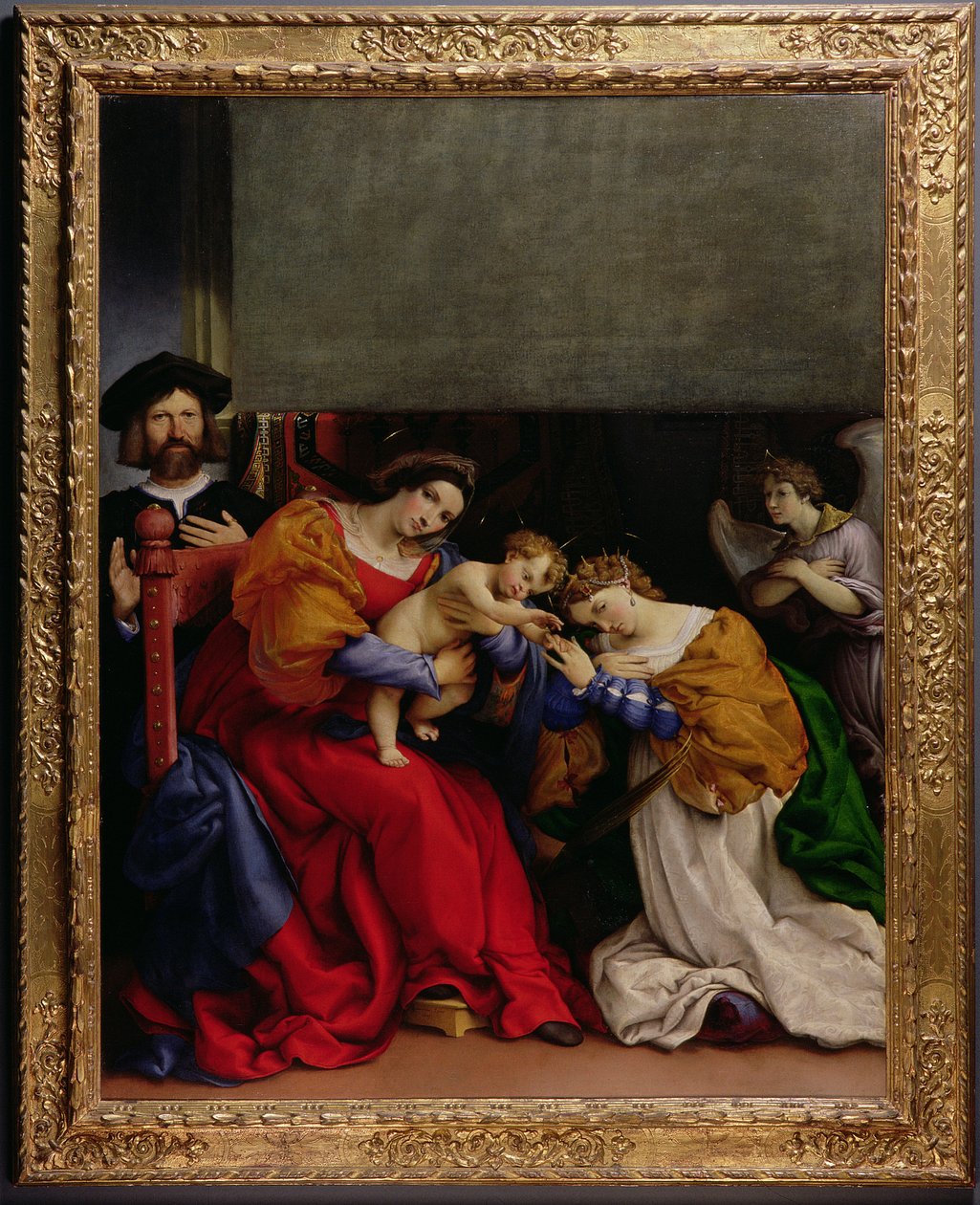 O casamento místico de Santa Catarina com o padroeiro Niccolo Bonghi, 1523 de Lorenzo Lotto