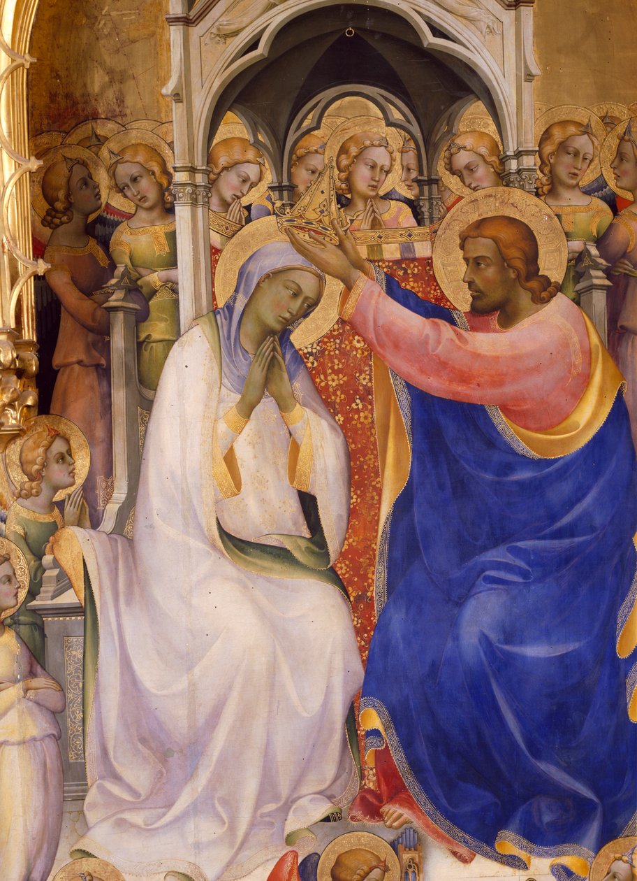 A Coroação da Virgem, detalhe mostrando Cristo coroando a Virgem, 1414 (têmpera no painel) de Lorenzo Monaco