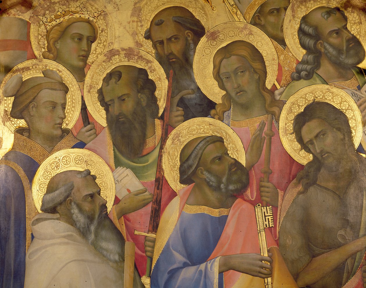 A coroação da virgem, detalhe dos rostos dos santos, 1413 (têmpera no painel) de Lorenzo Monaco