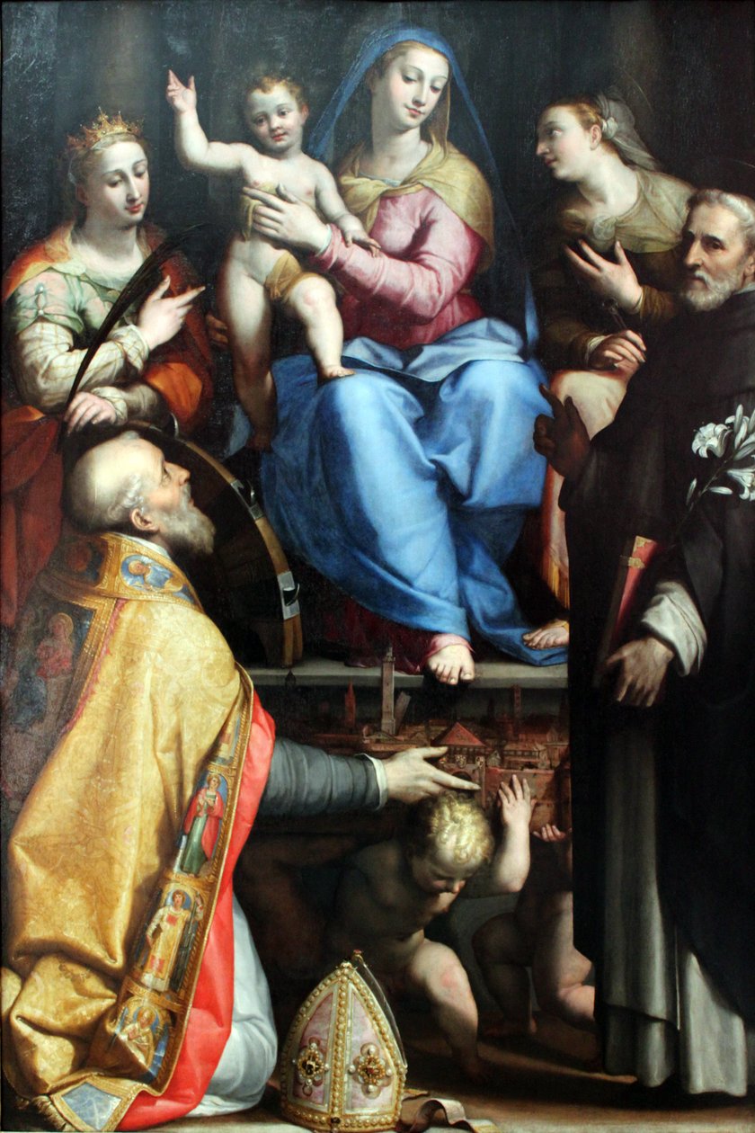 Mary entronizada com a criança abençoada e São Petrônio, Catarina de Alexandria, Domingos e Apolônia de Lorenzo Sabbatini