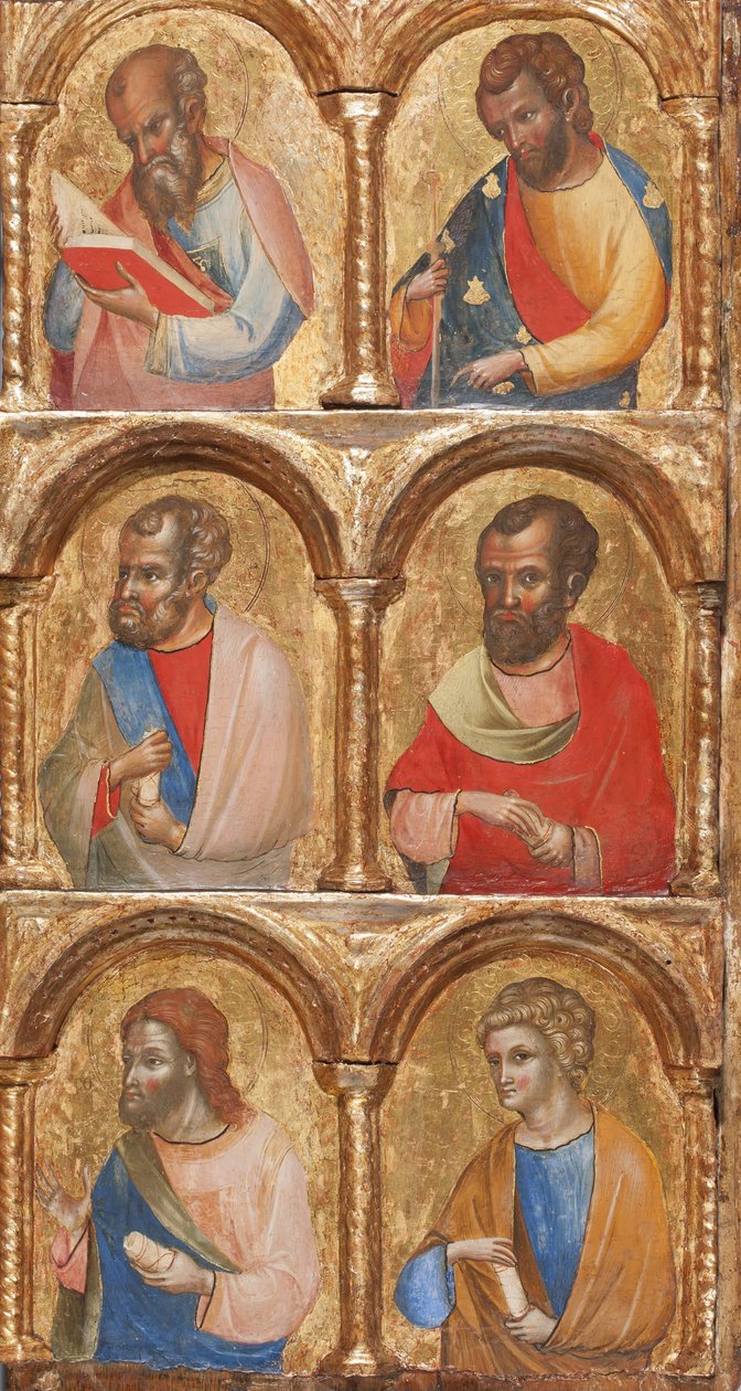 Detalhe de Madonna e Criança com Anjos, a Crucificação, e Doze Apóstolos ou Santos, c.1360 têmpera no painel de Lorenzo Veneziano