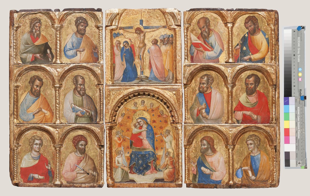 Madonna e Criança com Anjos, a Crucificação e Doze Apóstolos ou Santos, c.1360 têmpera no painel de Lorenzo Veneziano