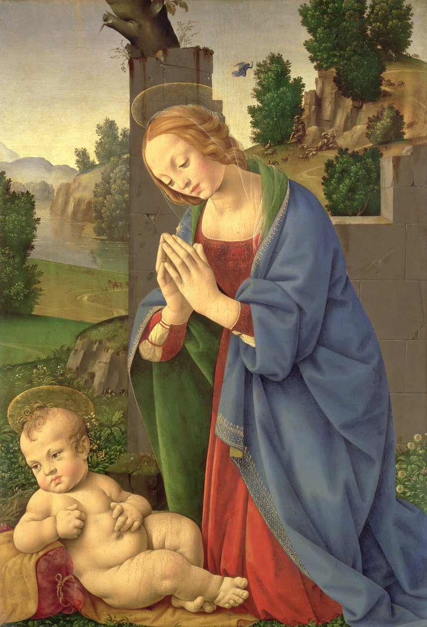A Virgem Adoradora da Criança, 1490-1500 (óleo sobre madeira) de Lorenzo di Credi