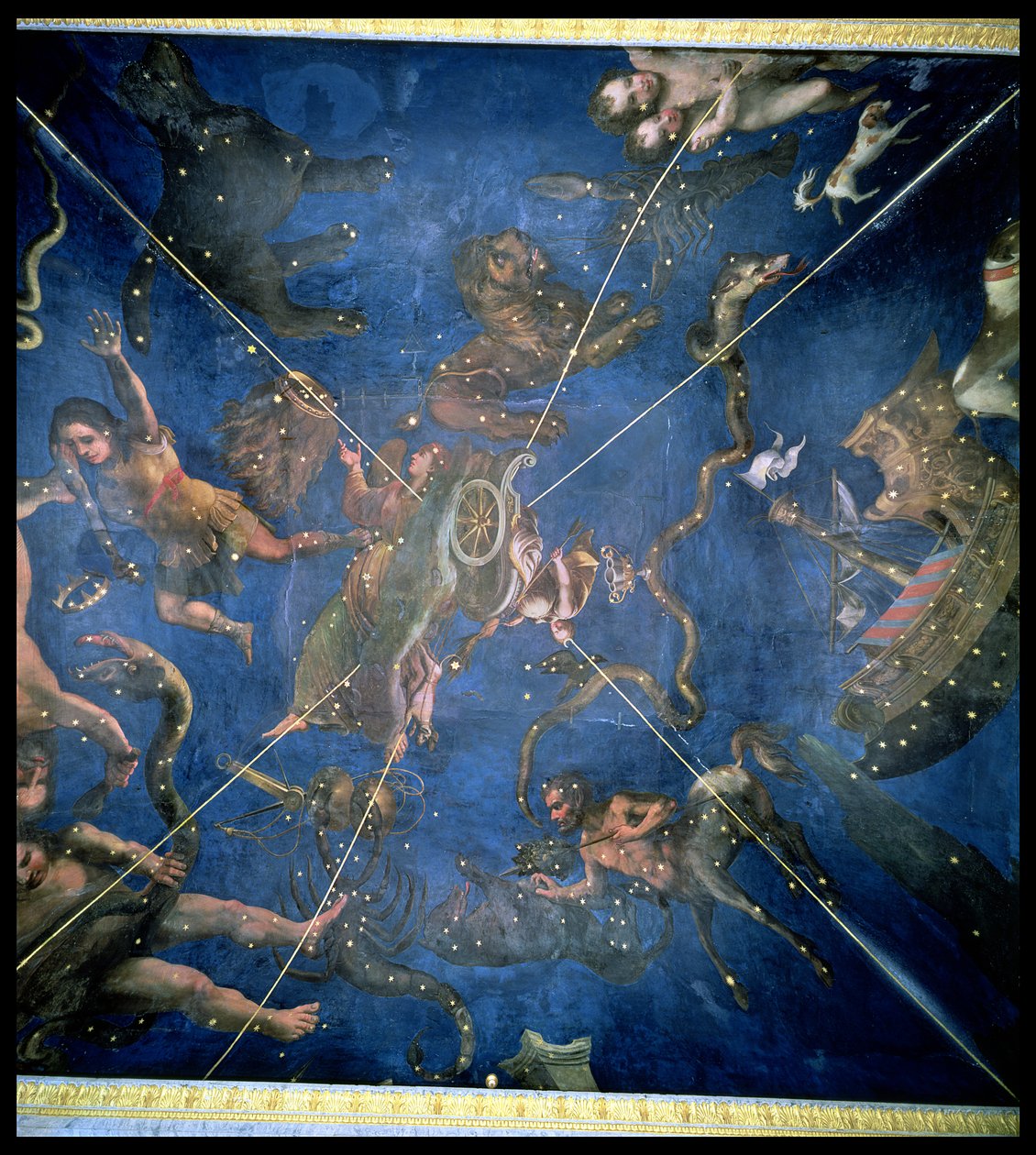 Sinais do Zodíaco, detalhe do teto da Sala dello Zodiaco, 1579 de Lorenzo Costa
