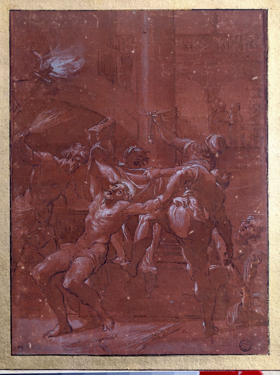 A flagelação de Cristo Desenho com tinta castanha e lavagem por Lorenzo Garbieri dit il Nepote (1580-1654) Paris. Museu do Louvre de Lorenzo  Garbieri