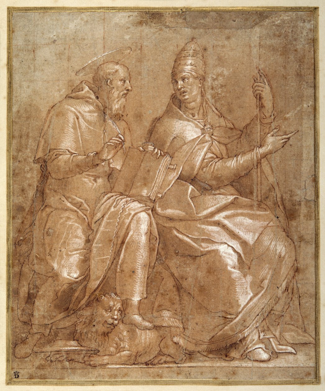São Jerônimo conversando com São Gregório o Grande (caneta e tinta marrom com lavagem marrom-avermelhada e aumento de altura) de Lorenzo (c.1530 76) Sabatini