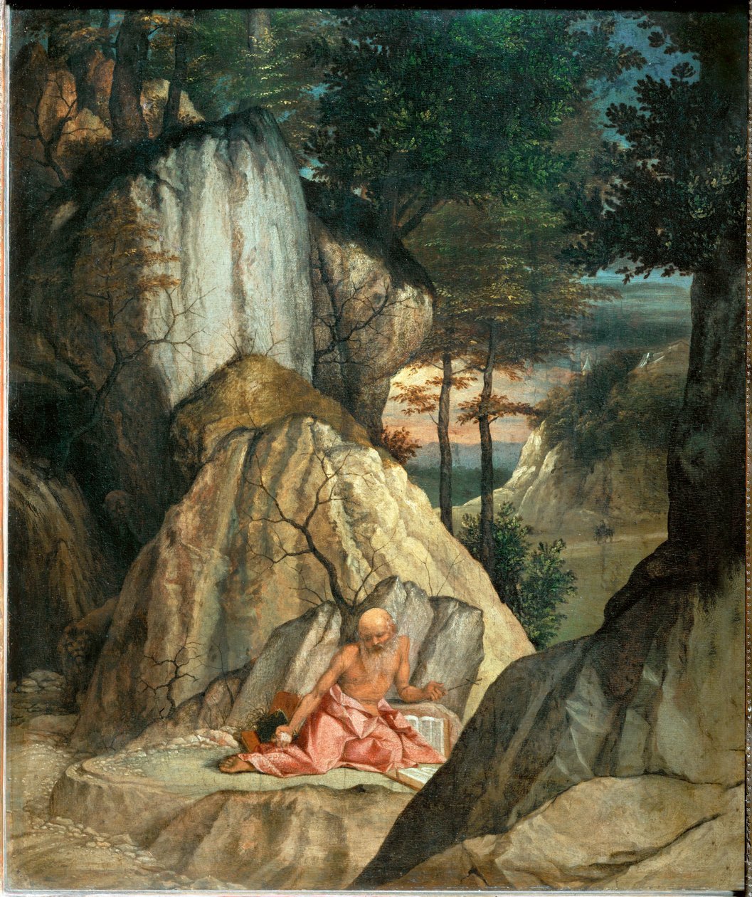 São Jerónimo meditando no deserto - São Jerónimo meditando no deserto ... de Lorenzo (workshop of) Lotto