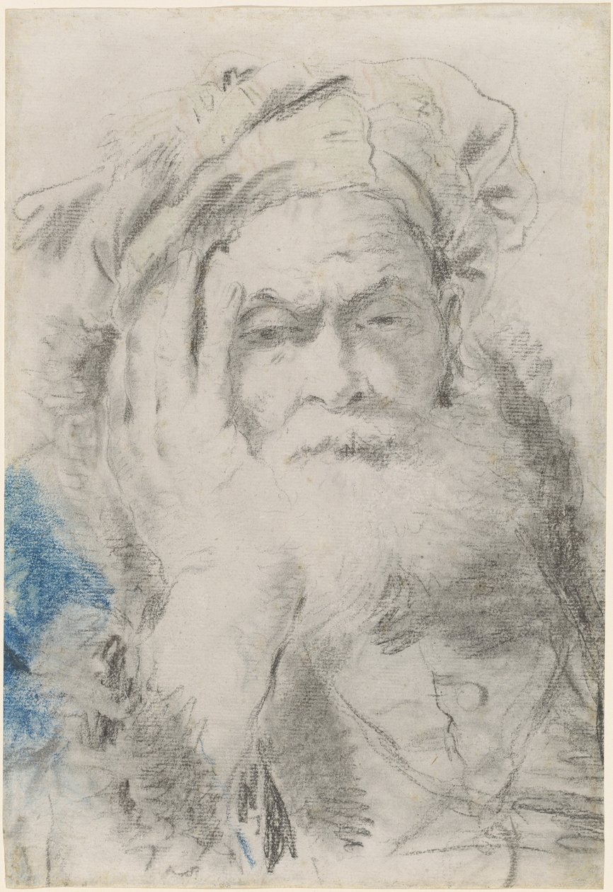 Um velho barbudo inclinando a cabeça na mão de Lorenzo Baldissera Tiepolo