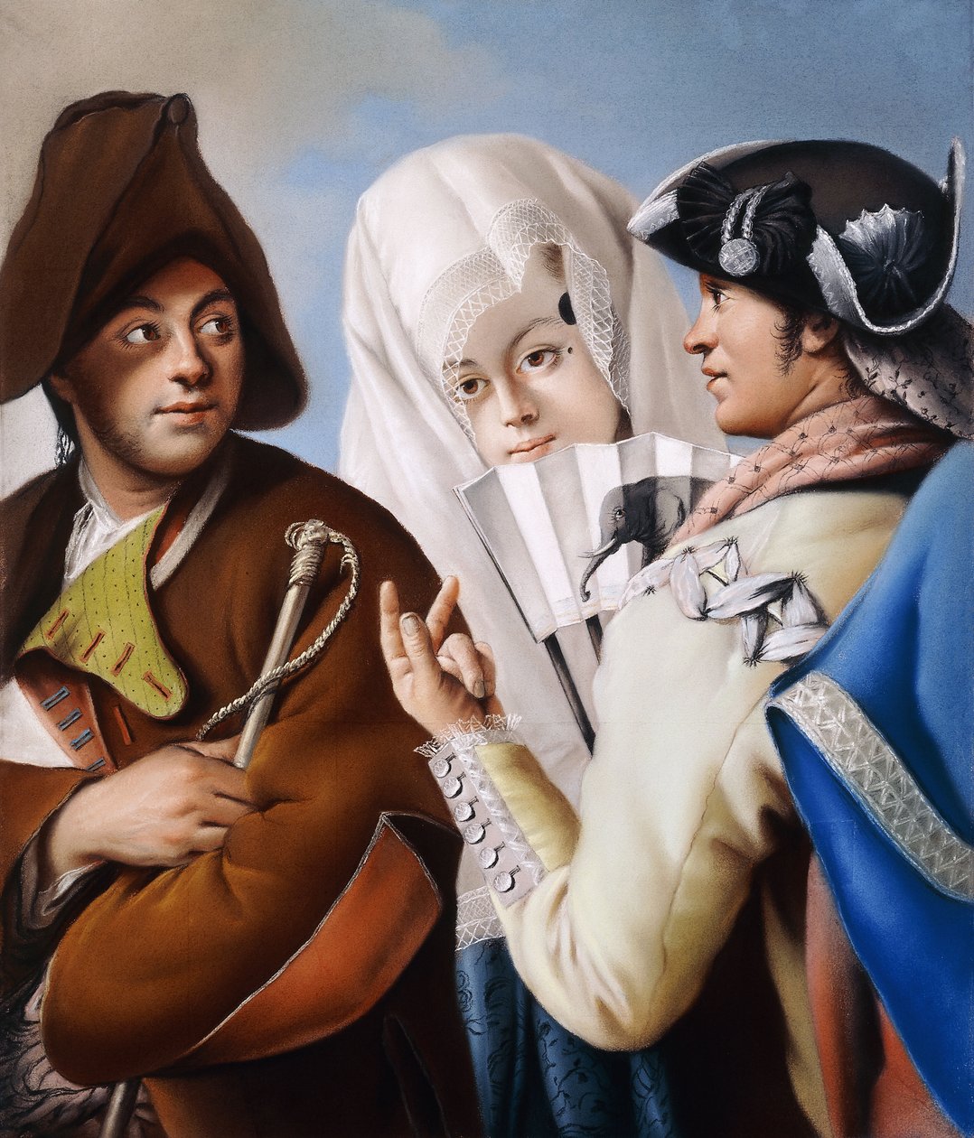 Um cavalheiro de chapéu frígio sendo abordado por um cavalheiro de casaco amarelo e chapéu tricolor preto com uma dama de brocado azul e mantilha branca, de Lorenzo Baldissera Tiepolo