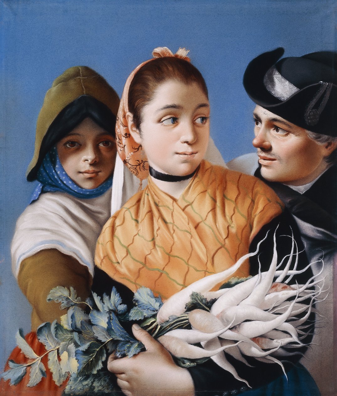 Uma garota de xale laranja segurando nabos, uma garota de gorro e vestido verde e um cavalheiro de chapéu preto Tricorn, de Lorenzo Baldissera Tiepolo