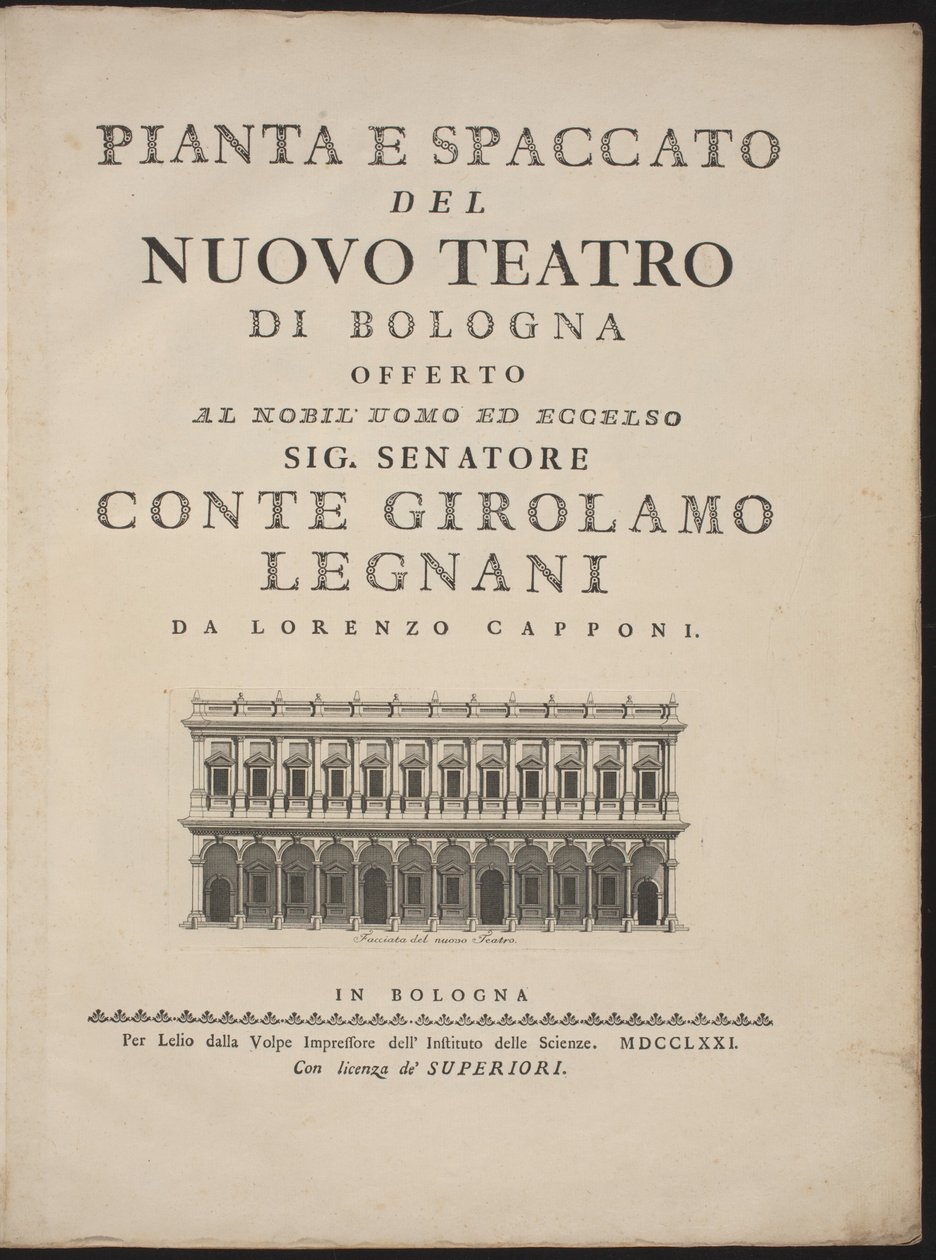 Pianta e spaccato del nuovo teatro di Bologna de Lorenzo Capponi, after Antonio Galli Bibiena