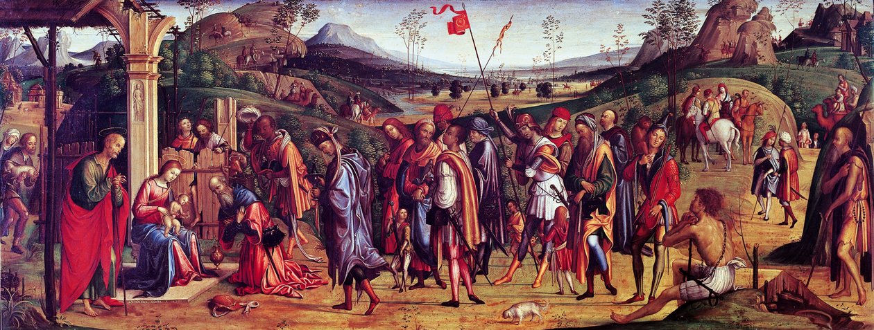 Adoração de Magos por Lorenzo Costa (1460-1535), óleo sobre tela, 75x181 cm de Lorenzo Costa
