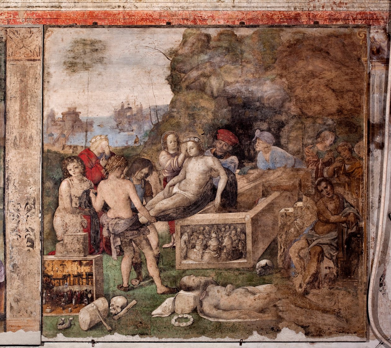 Vida de Santa Cecile: Enterro de Santa Valeriana e São Tiburtius (fresco de Lorenzo Costa