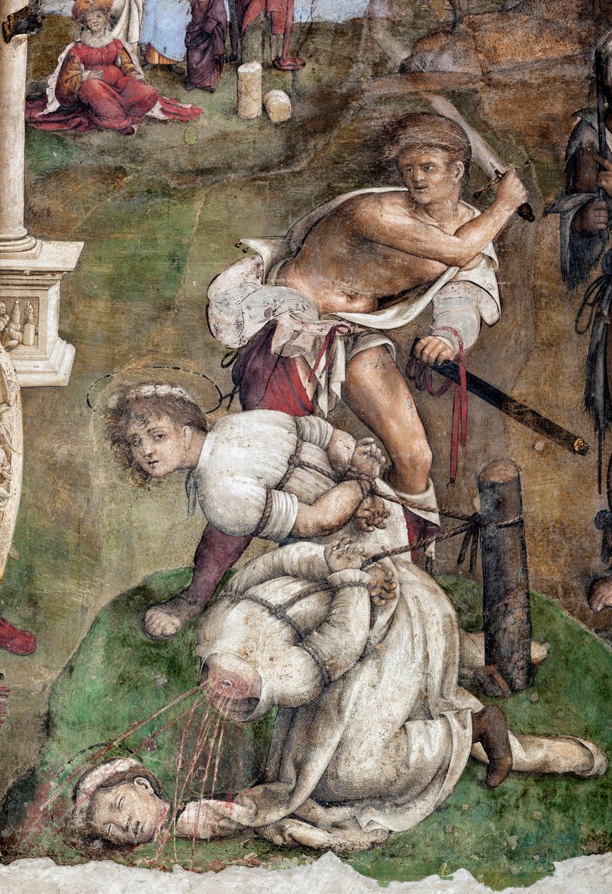 Vida de Santa Cecile: Martírio de Santa Valeriana e Tiburtius, detalhe (fresco de Lorenzo Costa