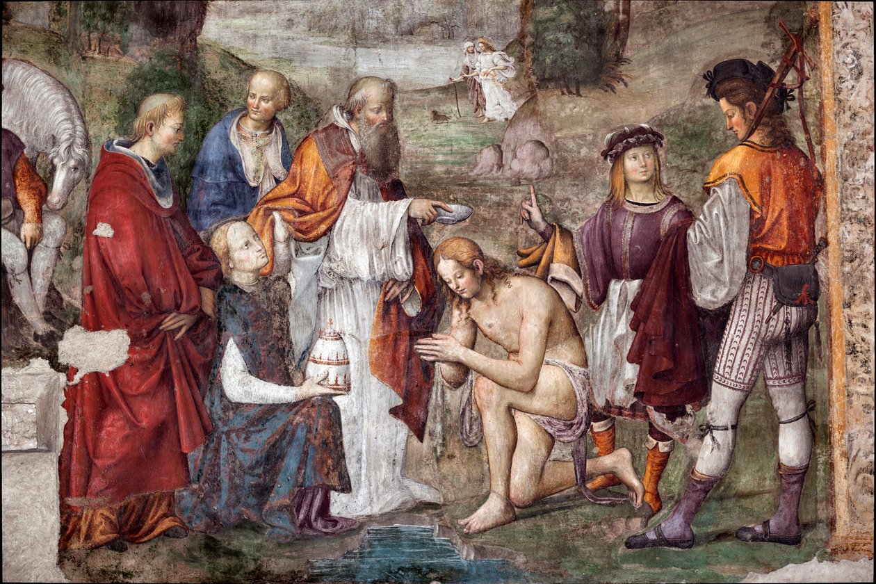Vida de Santa Cecile: Valeriana batizada pelo Papa Urbano I, detalhe (afresco de Lorenzo Costa