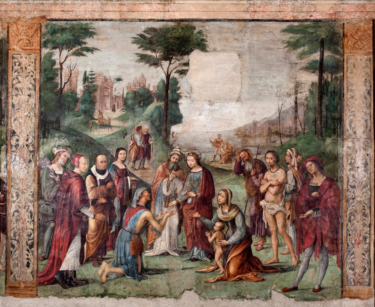 Vida de Santa Cecília: a santa dá os seus bens aos pobres (fresco de Lorenzo Costa