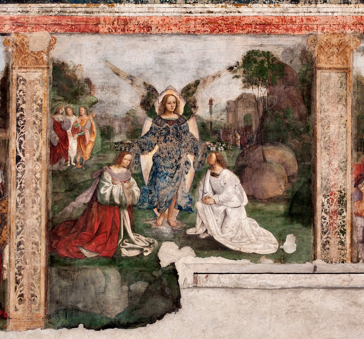 Vida de Santa Cecília: a santa e Santa Valeriana coroada por um anjo (Fresco de Lorenzo Costa