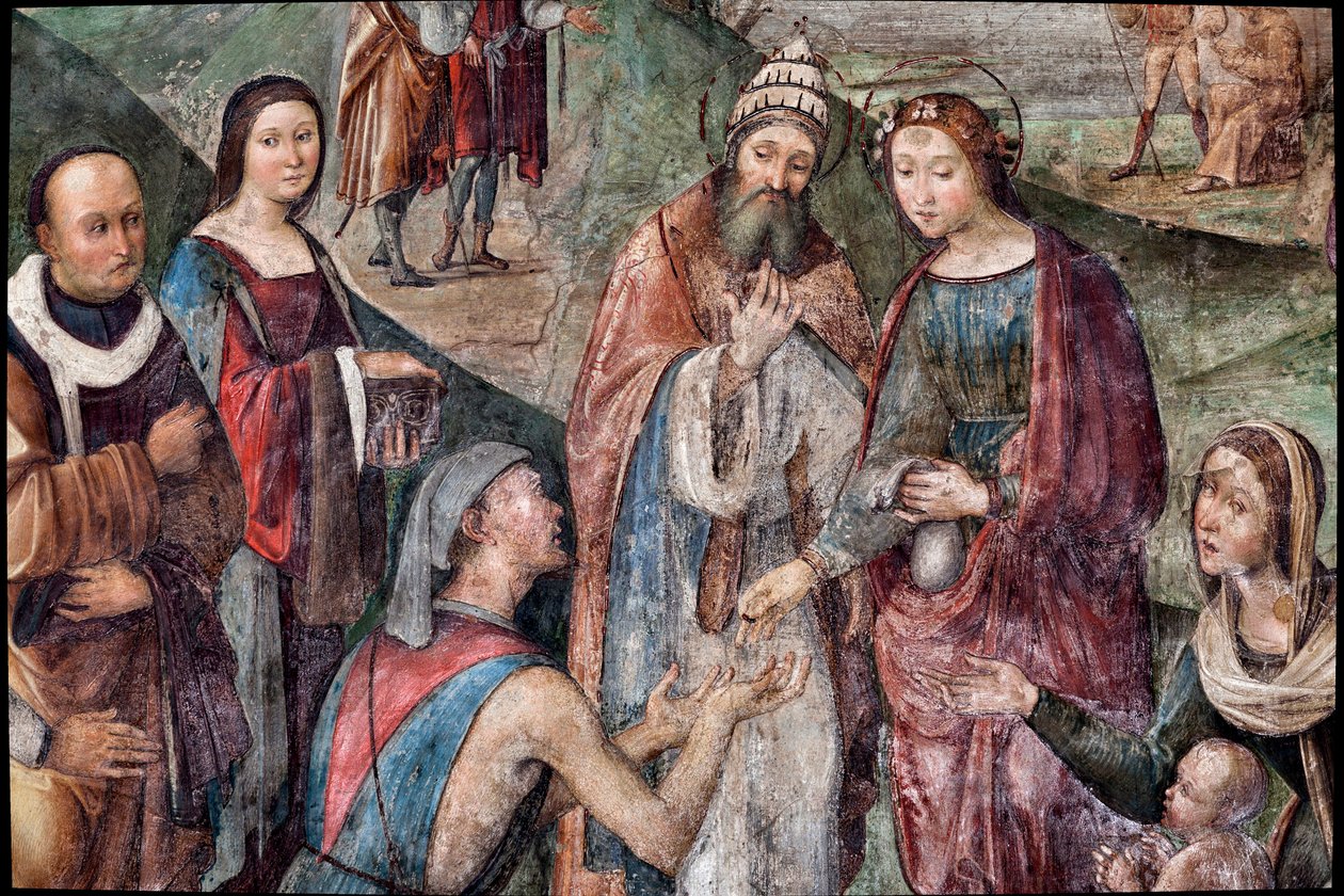 Santa Cecília dá os seus bens aos poetas, detalhe (fresco de Lorenzo Costa