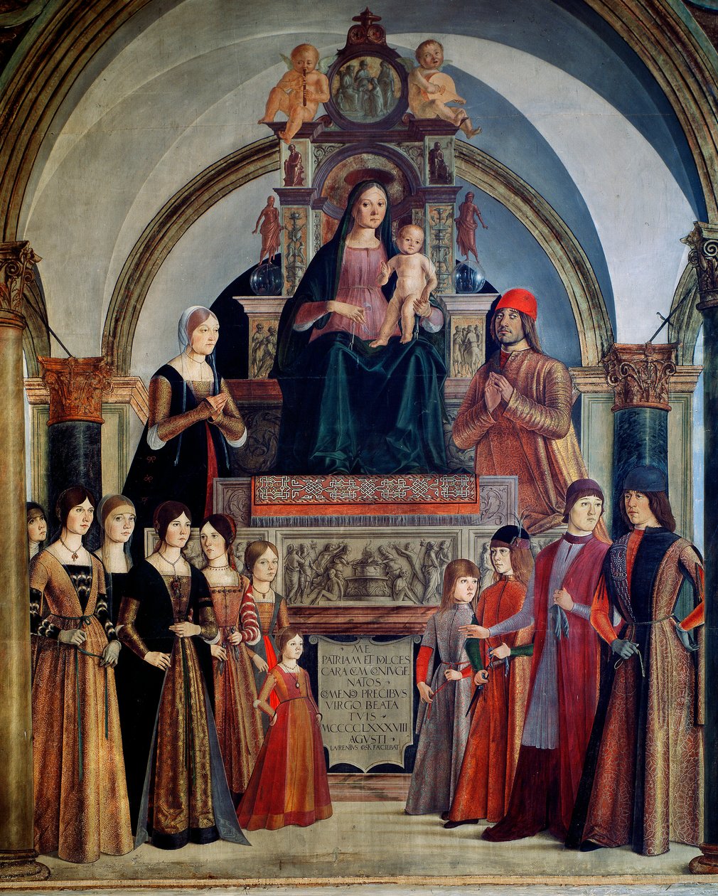 A Virgem do Bentivoglio tem a criança rodeada por membros da família Bentivoglio. Pintura de Lorenzo Costa (1460-1535) 1488 Bolonha, Chiesa di San Giacomo Maggiore de Lorenzo Costa