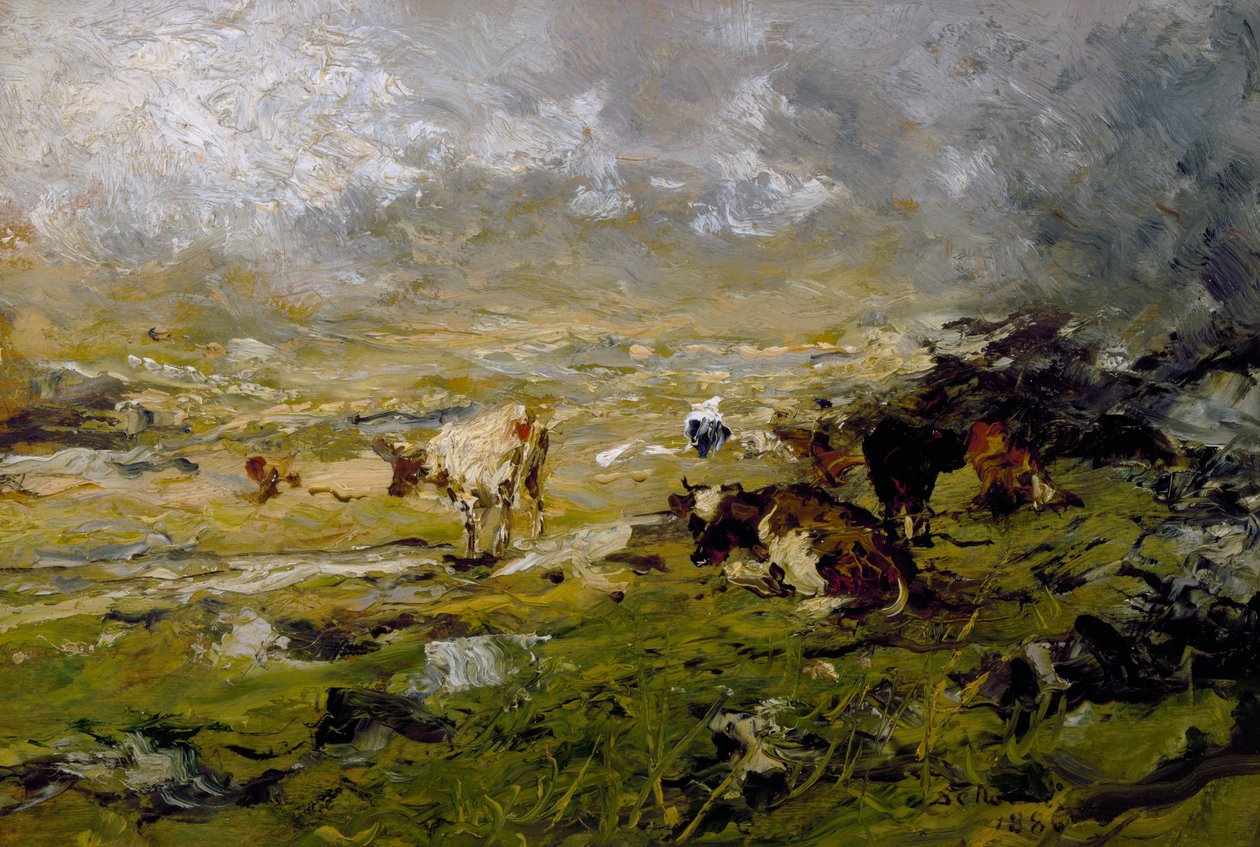 Paisagem de montanha com vacas a pastar de Lorenzo Delleani