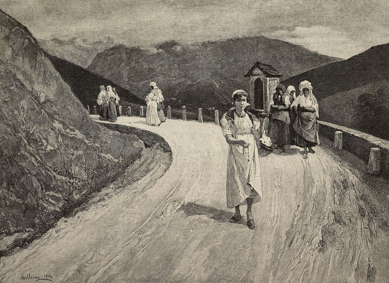 No Caminho Sagrado, peregrina a pé pelo caminho, Brera, United Expositions, Milão, Itália, gravura de Fantagalli de pintura de Lorenzo Delleani (1840-1908) de L