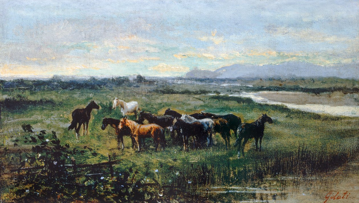 Cavalos selvagens, cerca de 1870, por Lorenzo Gelati (1824-1893), óleo sobre tela transferido em painel, 21x37 cm de Lorenzo Gelati