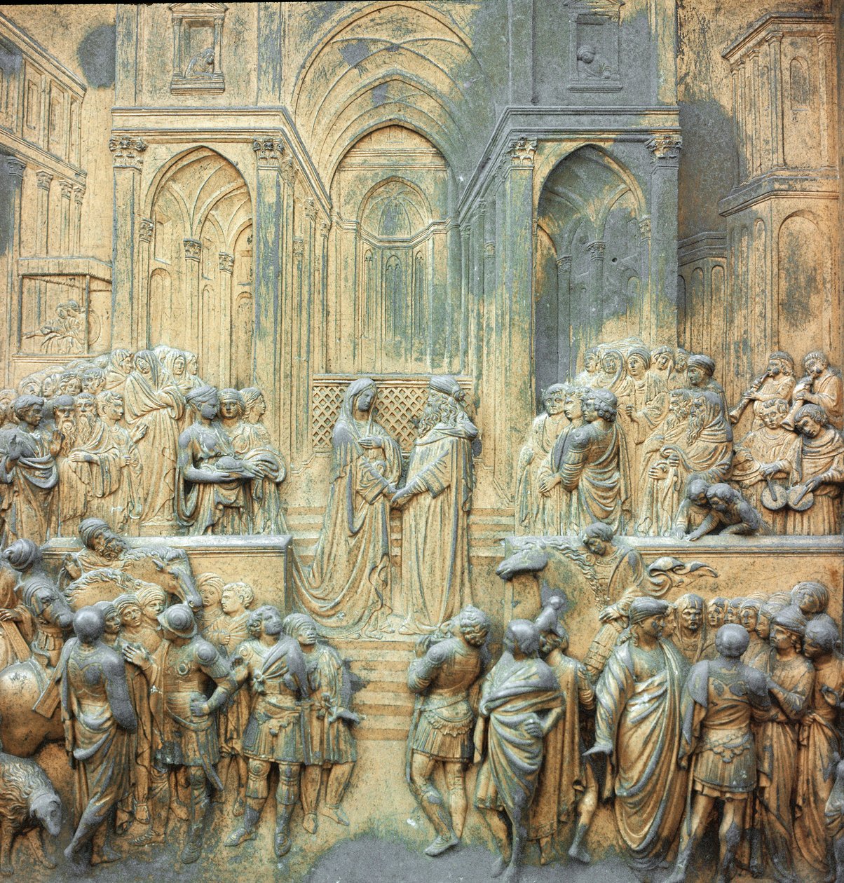 Rei Salomão recebe a Rainha do Sabá no Templo de Baixo Relevo de Lorenzo Ghiberti (1378-1455) 1424-1452 Florença, Portão do Paraíso do Baptistério de Lorenzo Ghiberti