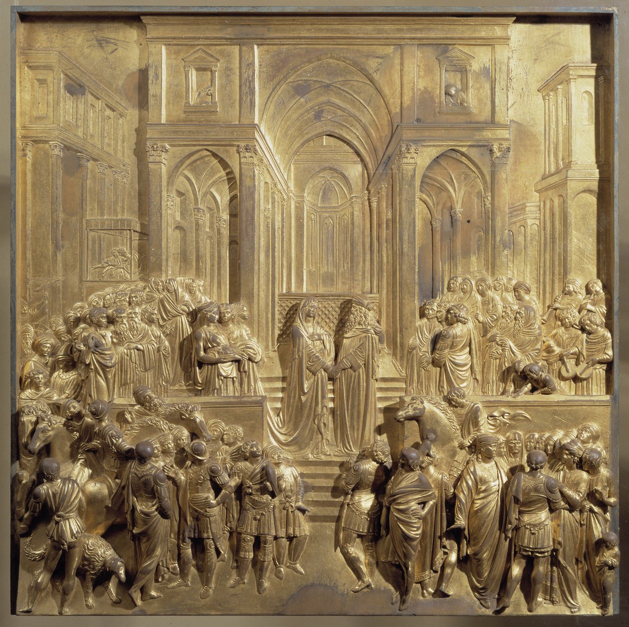 A reunião do rei Salomão e da rainha de Sabá. Painel original da porta do Paraíso de Lorenzo Ghiberti