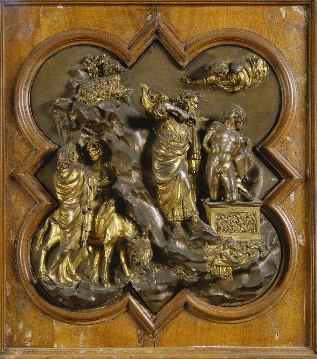 O sacrifício de Isaac. Painel original da Porta do Paraíso (Porta Leste do Baptistério), após restauração. Bronze dourado por Lorenzo Ghiberti (1378-1455), 1425-52. Museo dell Bargello, Florença. Raffael/Leemage854 de Lorenzo Ghiberti