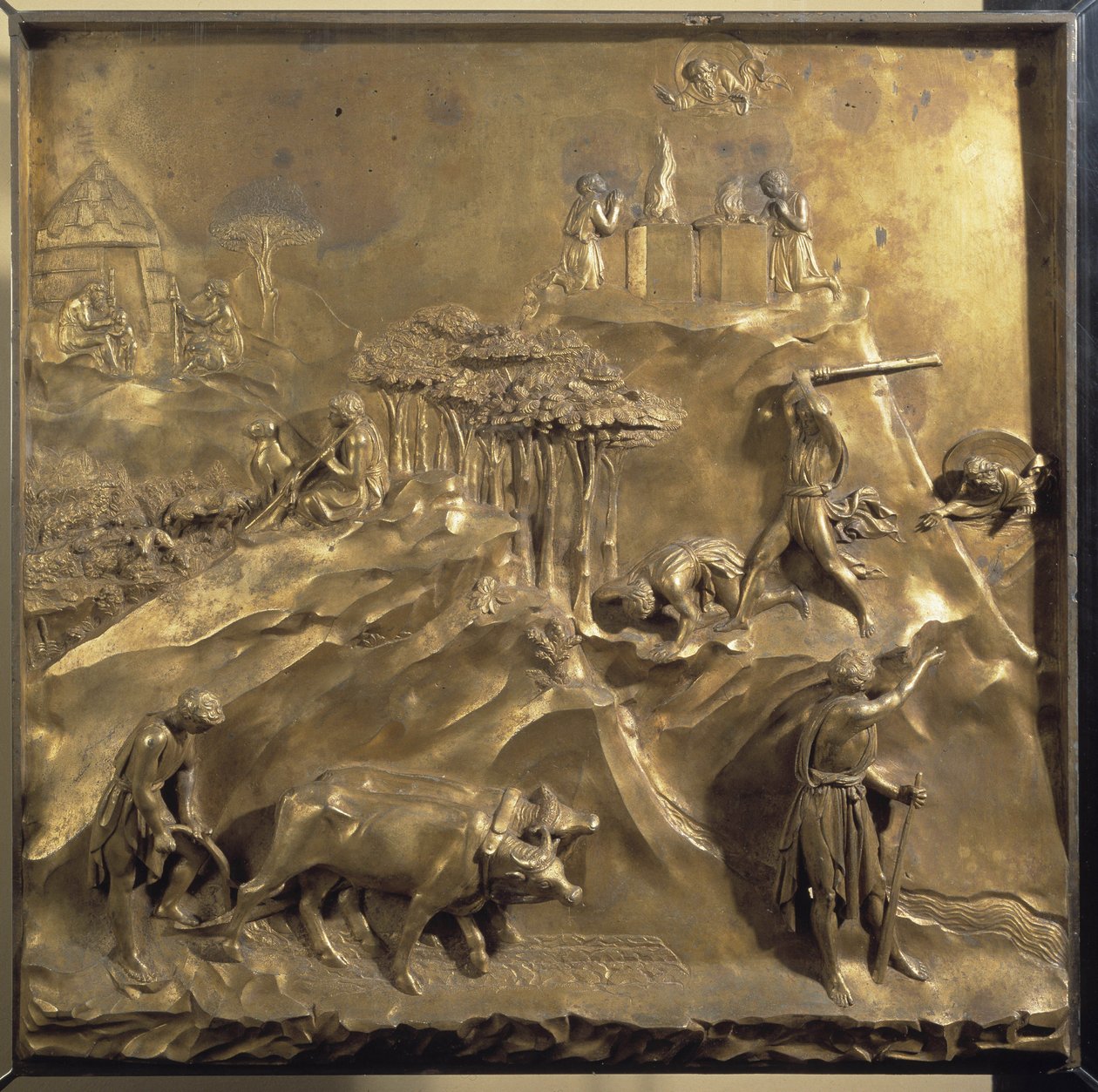 Vida de Caim e Abel: o sacrifício, o assassinato de Abel e Deus banindo Caim. Painel original da porta do Paraíso de Lorenzo Ghiberti