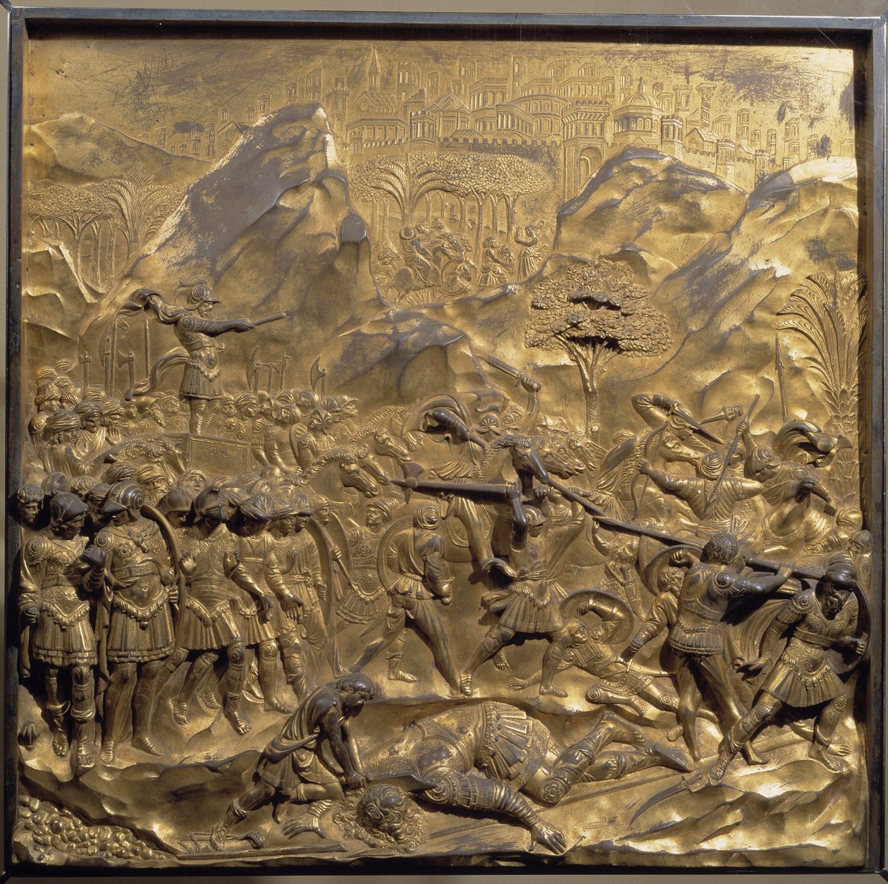 Vida de Davi e Golias: uma representação da batalha entre israelitas e filisteus e a decapitação do gigante Golias no vale de Ela de Lorenzo Ghiberti