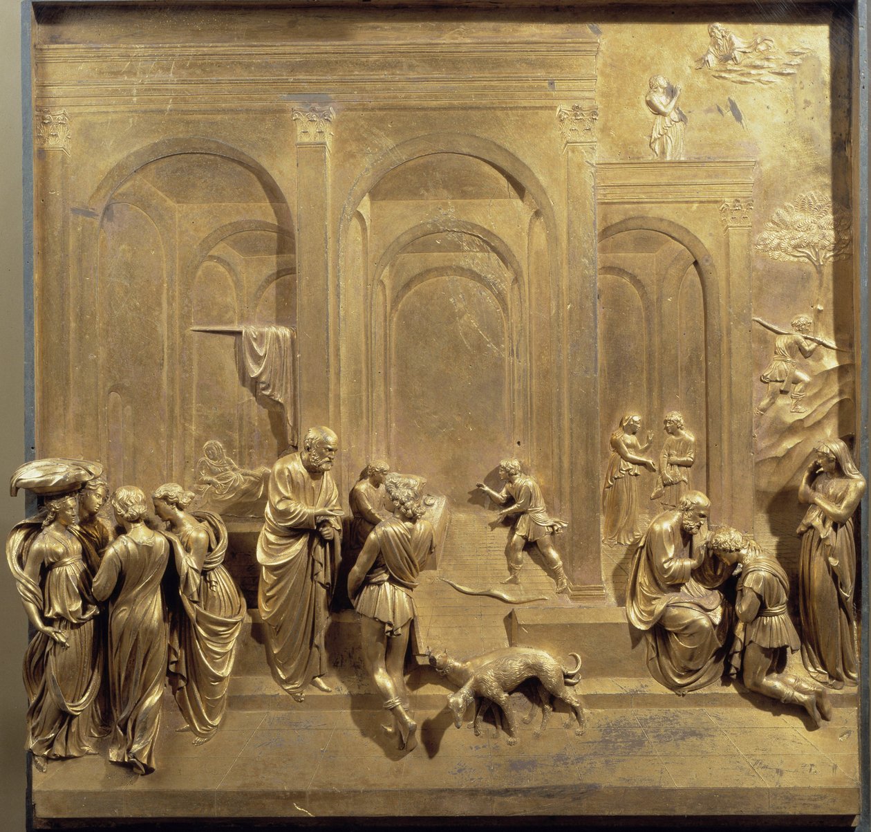 Vida de Jacó e Esaú: Esaú vende sua primogenitura e Isaque abençoa Jacó. Painel original da porta do Paraíso de Lorenzo Ghiberti