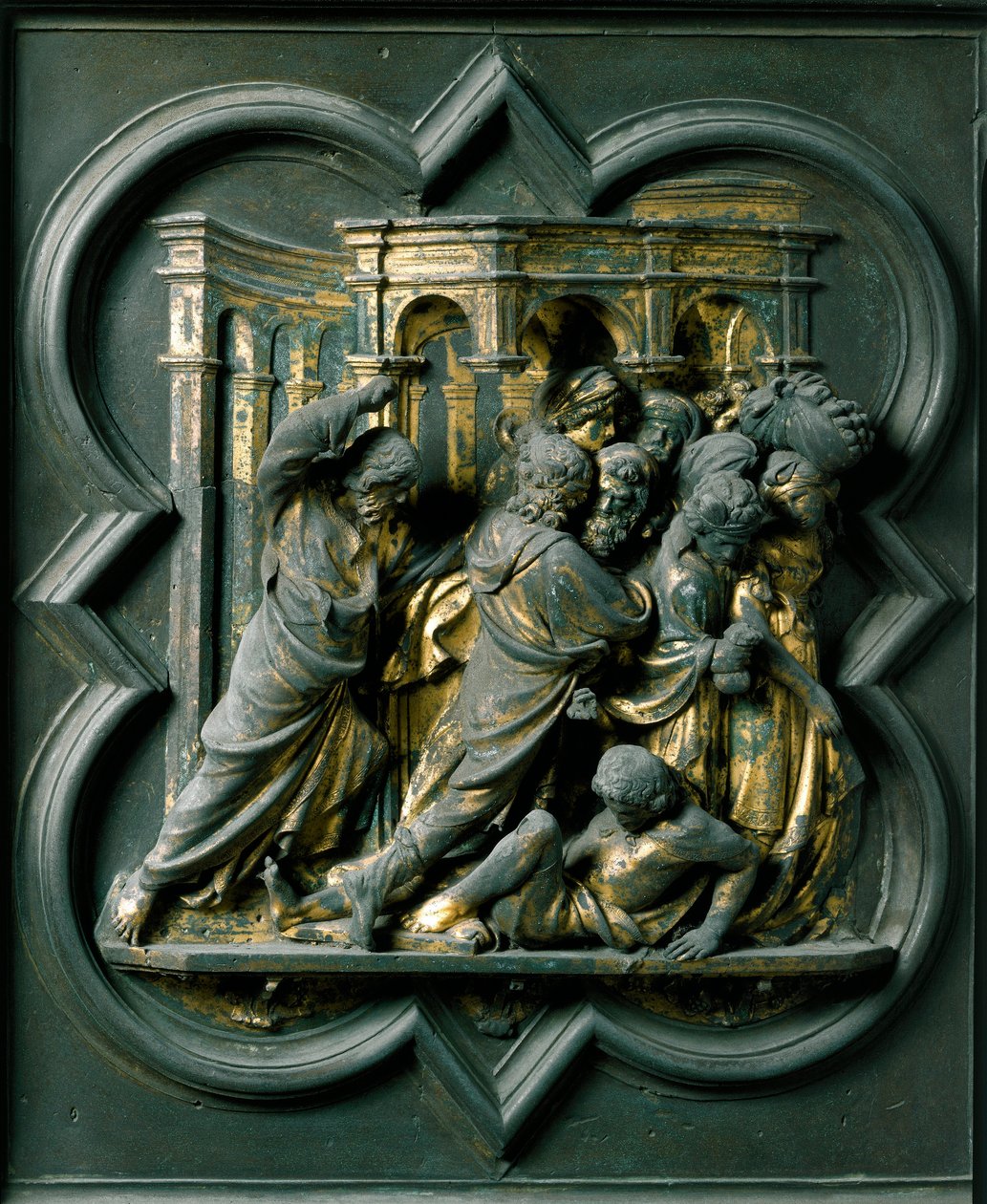 Porta Norte (chamada Porta da Cruz, no Norte), detalhe exterior: "Jesus perseguindo mercadores do Templo" escultura de bronze feita por Lorenzo Ghiberti (1378-1455) de Lorenzo Ghiberti
