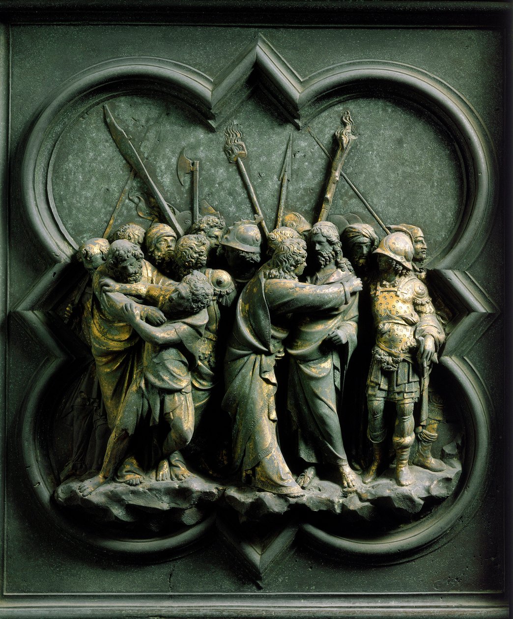 Porta Norte (chamada Porta da Cruz, no Norte), detalhe exterior: Escultura de bronze "O Beijo de Judas" feita por Lorenzo Ghiberti (1378-1455) de Lorenzo Ghiberti