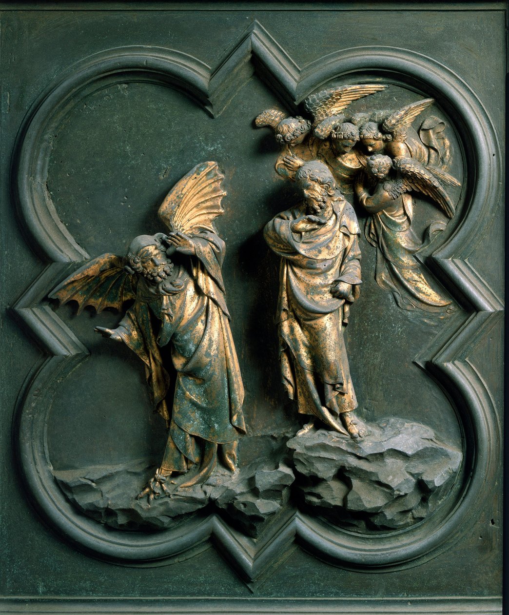 Porta Norte (chamada Porta da Cruz, no Norte), detalhe externo: "a tentação de Cristo" escultura de bronze feita por Lorenzo Ghiberti (1378-1455) de Lorenzo Ghiberti