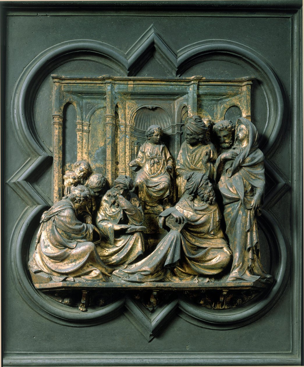 Porta Norte (chamada Porta da Cruz, para o Norte), detalhe exterior: Jesus entre os médicos. Escultura de bronze feita por Lorenzo Ghiberti (1378-1455) de Lorenzo Ghiberti