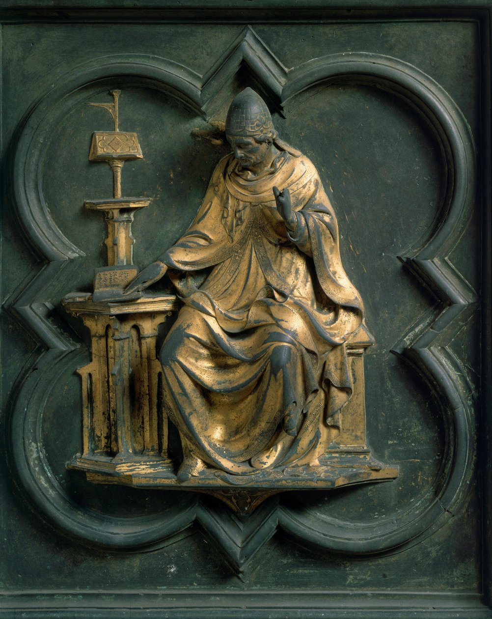 Porta Norte (chamada Porta da Cruz, para o Norte), detalhe exterior: Santo: Gregoire, o Grande. Escultura em bronze feita por Lorenzo Ghiberti (1378-1455) de Lorenzo Ghiberti