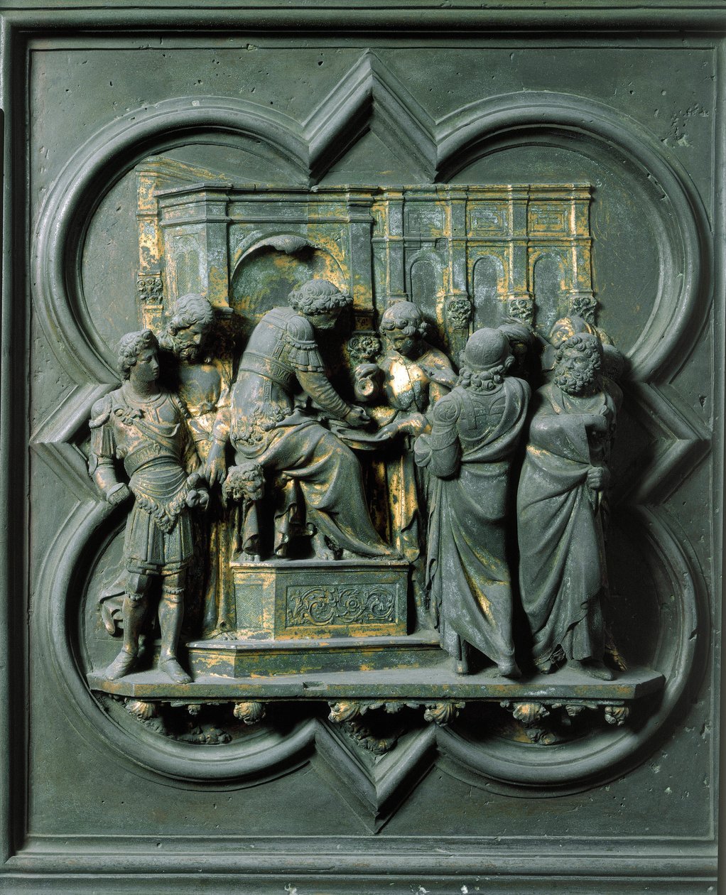 Porta Norte (chamada Porta da Cruz, no Norte), detalhe externo: "Cristo enfrenta Pôncio Pilatos (Pôncio Pilatos)" escultura de bronze feita por Lorenzo Ghiberti (1378-1455) de Lorenzo Ghiberti