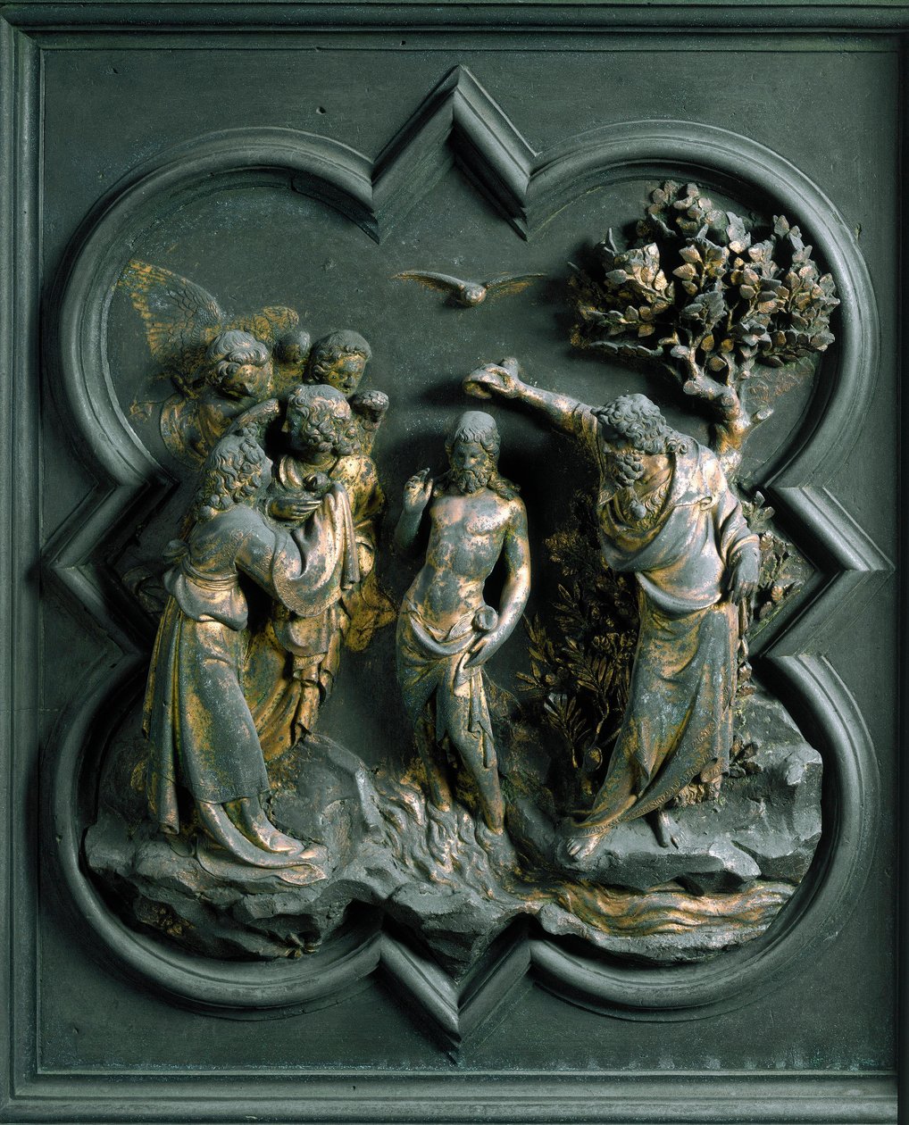 Porta Norte (chamada Porta da Cruz, no Norte), detalhe exterior: "o batismo de Cristo" escultura de bronze feita por Lorenzo Ghiberti (1378-1455) de Lorenzo Ghiberti