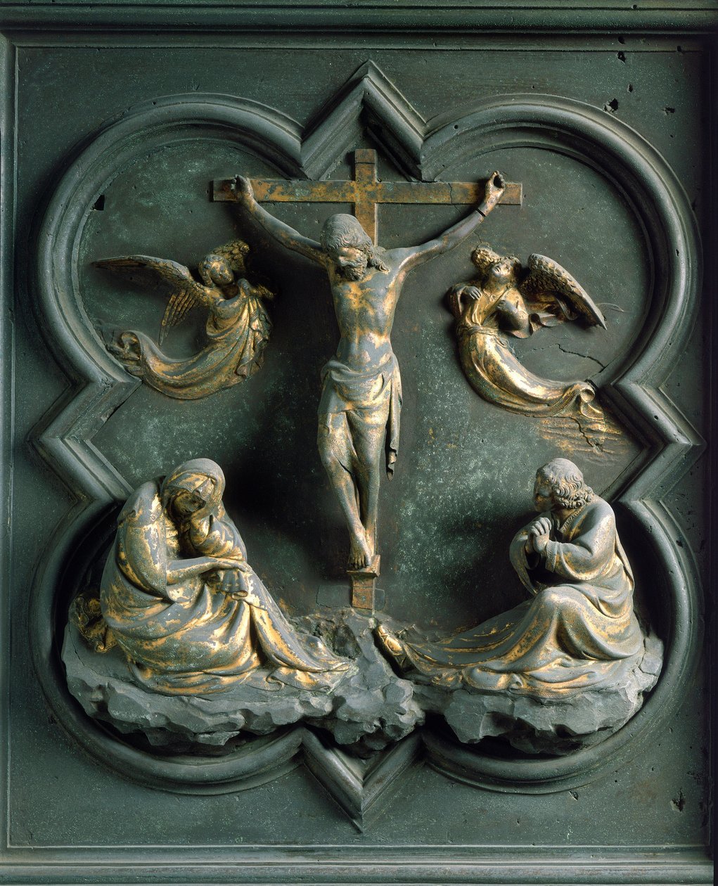 Porta Norte (chamada Porta da Cruz, no Norte), detalhe exterior: "a crucificação" escultura de bronze feita por Lorenzo Ghiberti (1378-1455) de Lorenzo Ghiberti